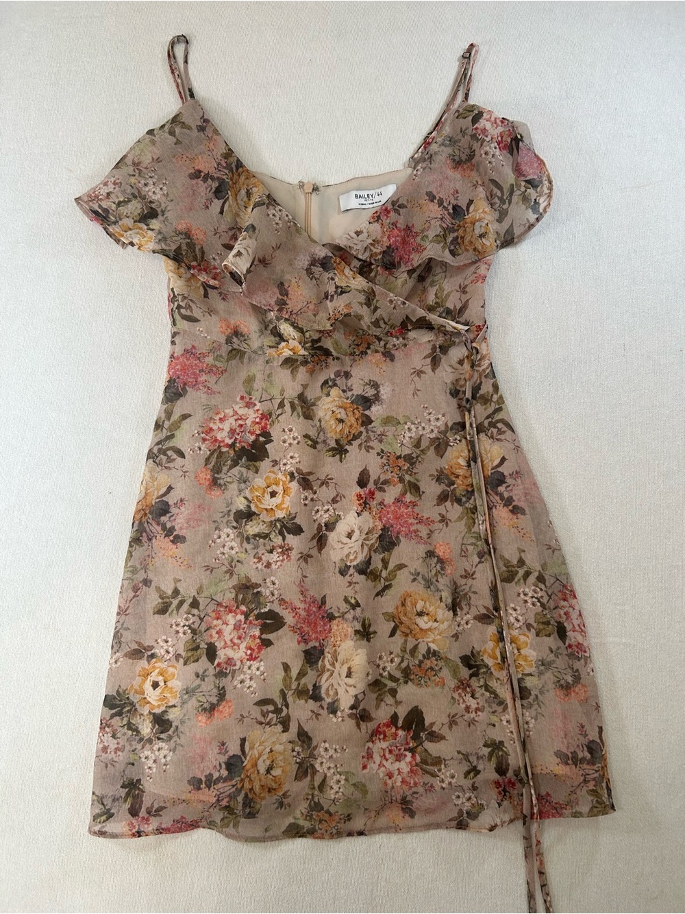 Bailey 44 Beige Floral Wrap Mini Dress with Yellow & Pink Blooms